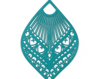 10%OFF, Dark Aqua Mint Filigree charm, Large Oval drop, Laser Cut heart, bohemian Earring Connector, 39x59mm, 2-10pcs