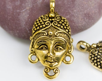 10%Off Goddess face pendant, connector charm, Antique Gold Silver, Indian spiritual yoga charm, Boho charms lead free Pewter Made in USA 1pc
