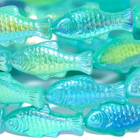 Small Glass Fish Beads Mix Blue Green (26 Pcs)