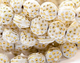 Cuentas de cristal checo de 8 mm con forma de moneda, puntos de oro blanco, pequeños espaciadores texturizados, 10/30 piezas