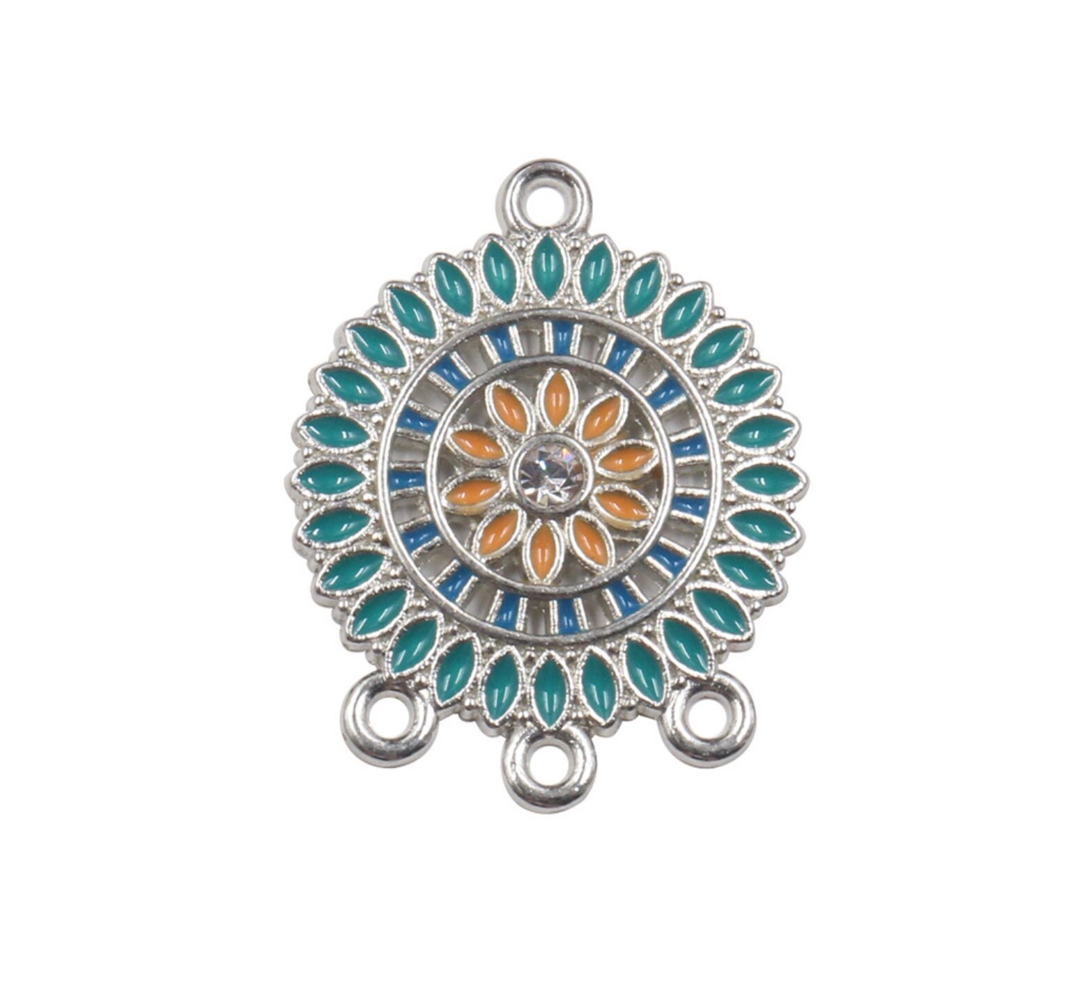 ターコイズエナメルコネクター、ペンダント、花曼荼羅、シルバーメッキ