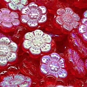 14mm Glass Anemone Flower Beads, wild rose, Premium pressed Czech glass, translucent Red Aurora Borealis, 6/18pcs