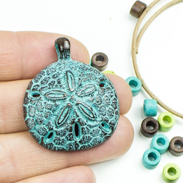 10%OFF Large Sand dollar pendant bead, Mykonos 30X36mm Green Patina Metal disk Verdigris Nautical Beach Beads Greek Casting Double Sided 1pc