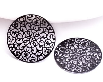 Black Filigree Round Charm, 1 inch Floral Ornament, Laser Cut thin Earring Connector, made in Europe, quality Pendant (pick qty)