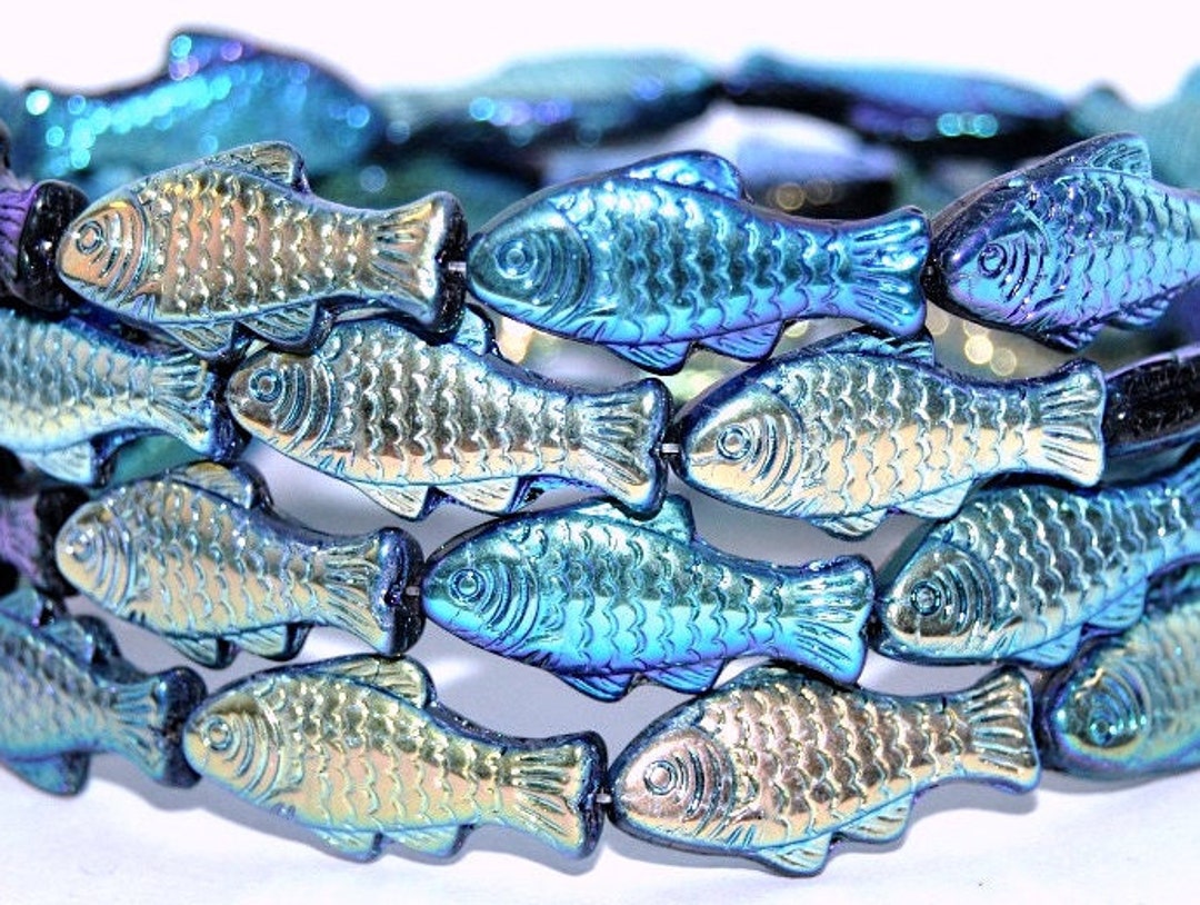 Glass Fish Beads, 1 Inch Czech Glass Beads, Tropical Blue Purple Rainbow Iridescent Mix, Beach