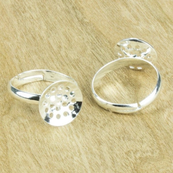 15%OFF 12mm Beehive Plate Ring Base blank, Silver Plated Adjustable Rings, nickel lead free metal, jewelry making - 6pcs