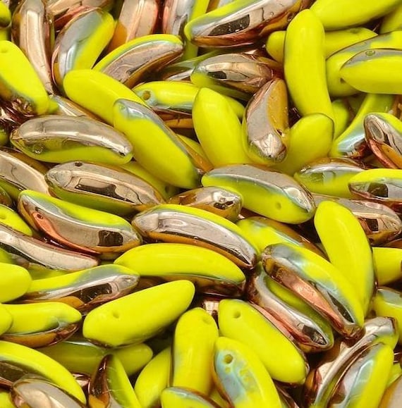 Czech Glass Banana Beads, Yellow Fruit Bead, Gold Luster