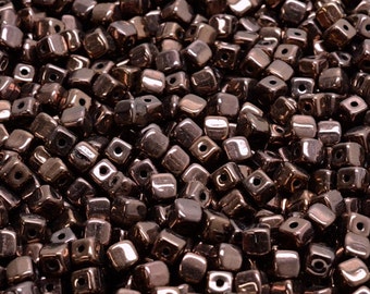 4mm Czech Glass Cube Beads, 4X4mm tiny cubes, Metallic bronze brown, 50-100 pcs