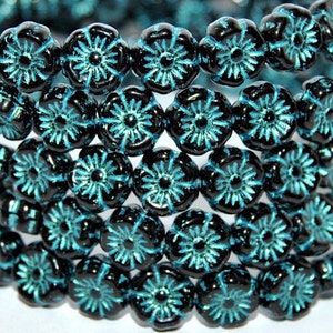 8mm Glass Flower Beads, Premium Czech glass, little Hawaii flowers, black with metallic green patina wash, for jewelry making, 20pcs