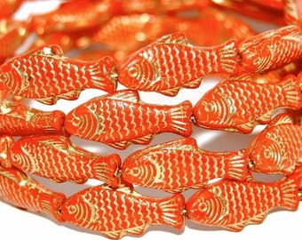Glass Fish beads, 1 inch Czech glass beads, tropical beach jewelry making, Orange Coral Mix with gold Wash, double sided - pick qty