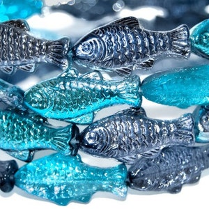 Glass Fish beads, 1 inch Czech glass beads, Slate Blue Aqua mix / AB Luster, for jewelry making, translucent double sided, 25mm, pick qty