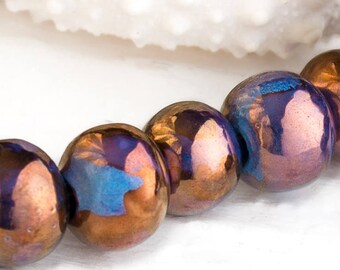 10%OFF, 12mm 14mm Round Ceramic Beads, Glazed Copper Blue