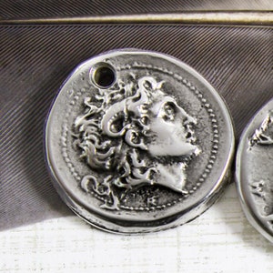 10%OFF, Alexander The Great Pendant, Antique Silver, Round Ancient Greek Coin, replica charm, 23mm, double sided, European, jewelry making