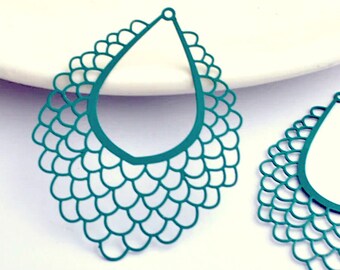 Peacock green Filigree charm, Ethnic Boho Pendants, Big Lacy drop, Laser Cut, bohemian Earring Connector, thin light 35x45mm, 2pcs