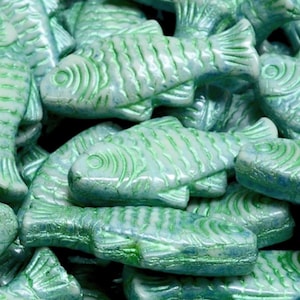 Czech Glass Fish beads, Pastel green with green wash, beach jewelry making, double sided,  1 inch, 25mm, 2/6/12 pcs