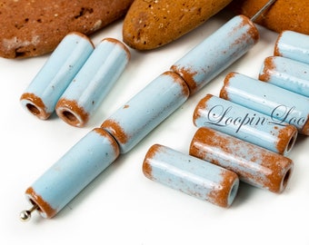 25%OFF Mykonos ceramic 17x6mm tube Greek beads, baby blue with teracotta brown, Adobe Stone washed enamel glazed beads Rustic aged -pick qty
