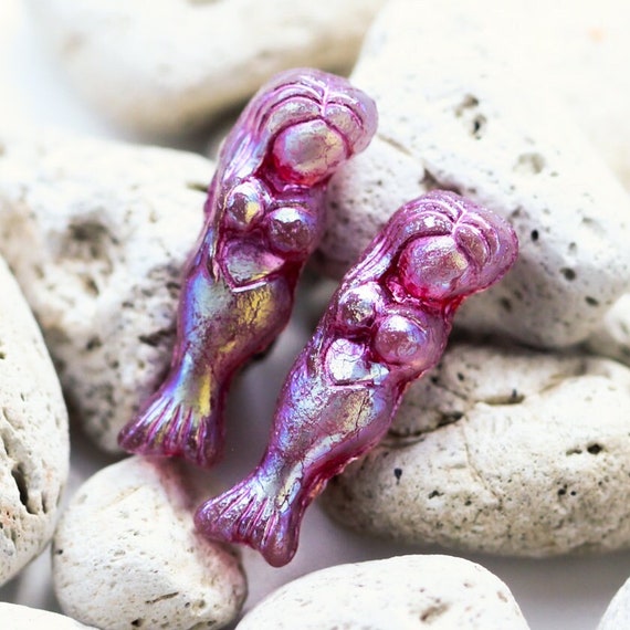 Pink Glass Mermaid Beads, Czech Glass Beads, Beach Jewelry Making