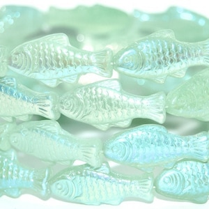 Glass Fish beads, 1 inch Czech glass beads, Sea foam green iridescent Mix, glows under UV, jewelry making, double sided, pick qty