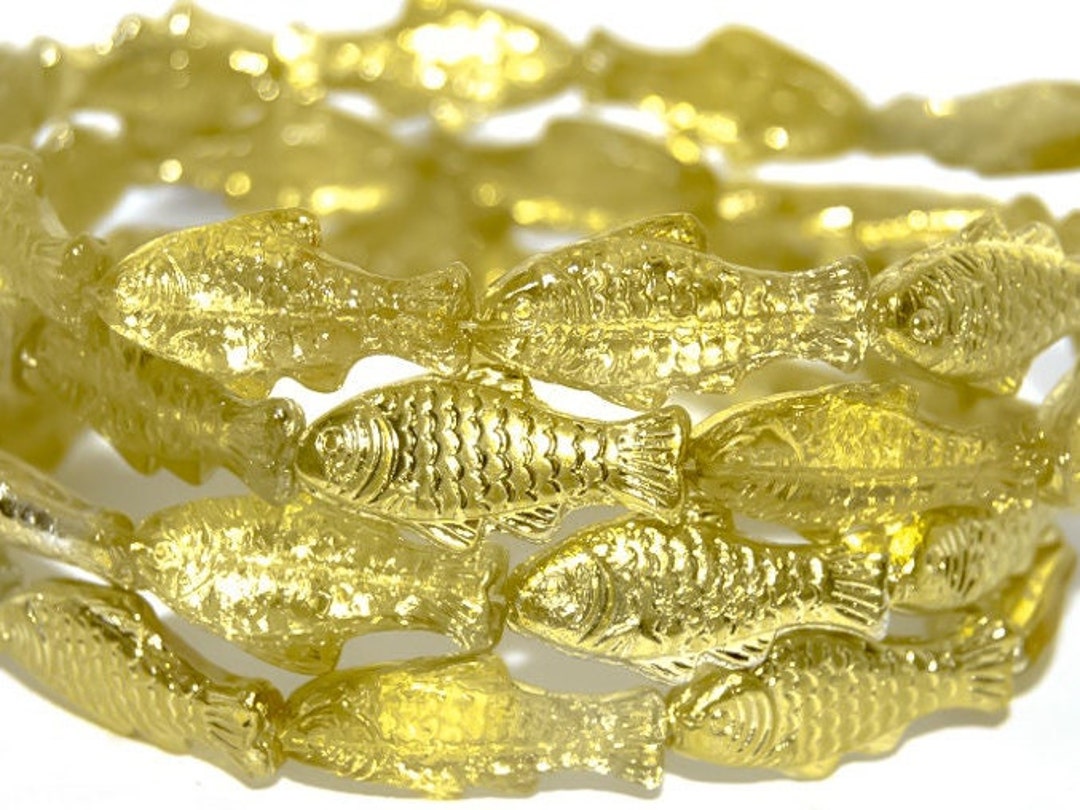 Golden Yellow Glass Fish Beads, 1 Inch Czech Glass Beads, Sparkly