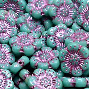 14mm Glass anemone flower beads, wild rose, Opaque Turquoise with Purple Wash, Premium pressed Czech glass, 6pcs