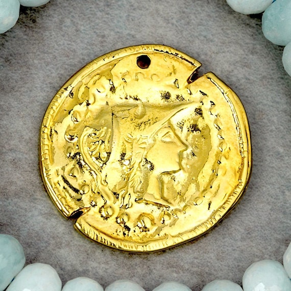 Athena Goddess Pendant, 24K Gold plated, Large Ancient Greek replica, Boho, Bohemian, European Goddess, for jewelry making, 35mm