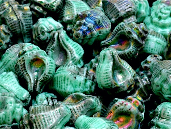 Czech Glass Sea Shell beads, Conch seashells murex beads, green, silver AB, 15x12mm, 8pcs