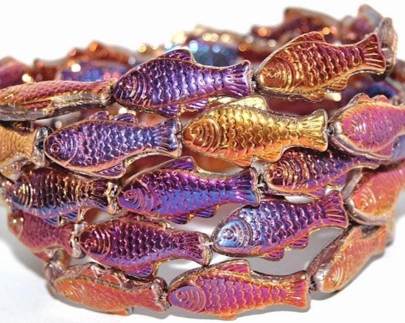Glass Fish beads, 1 inch, Czech glass beads, metallic iris rainbow iridescent mix, beach jewelry making, double sided, 25mm, pick qty