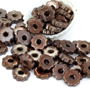 8mm Mykonos Ceramic Gears, Greek beads, Metalized Antique copper, spacers, washers, 15pcs