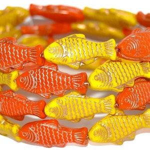 Glass fish beads, 1 inch Czech glass beads, Opaque Orange Yellow mix Gold Wash, tropical beach jewelry making, double sided, 25mm -pick qty