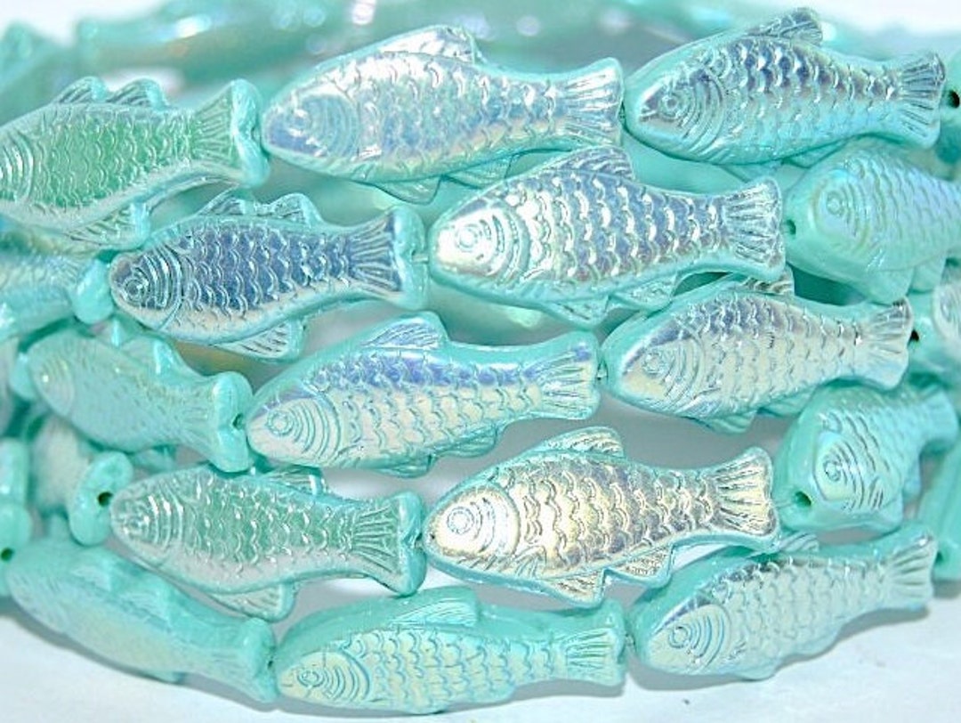 Glass Fish Beads, 1 Inch Czech Glass Beads, Silvered Teal Blue Rainbow