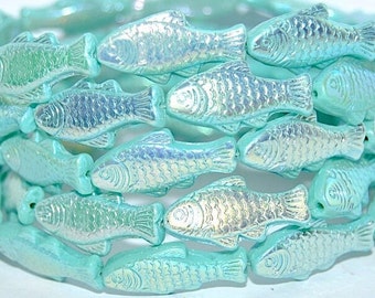 Glass Fish beads, 1 inch Czech glass beads, Silvered teal blue rainbow iridescent Mix, beach jewelry making, double sided 25mm, pick qty