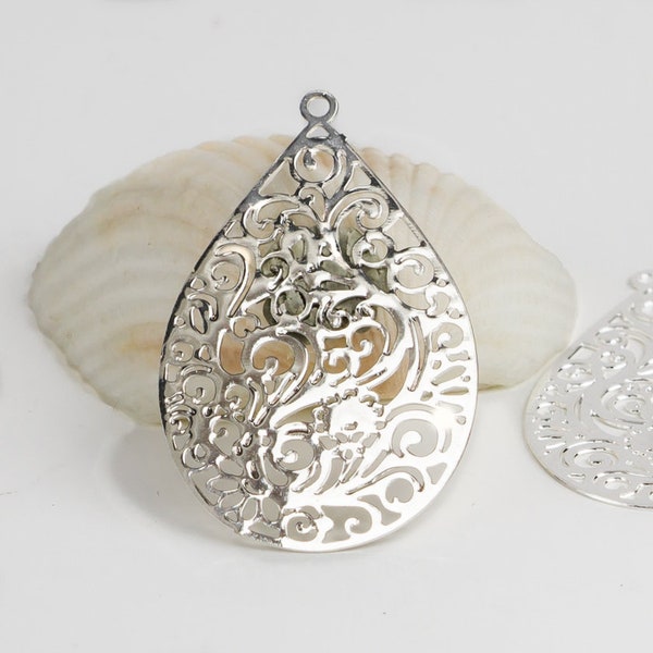 10%OFF Filigree Oval Charm, Large connector, Silver plated Laser Cut floral pendant, thin and light Earring Charm, Metal Pendant, -pick qty