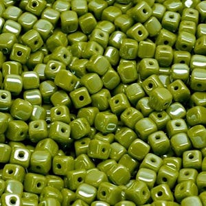 4mm Czech Glass Cube Beads, tiny 4X4mm cubes, Opaque Olive green luster, for Jewelry making, 50-100 pcs