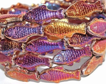 Glass Fish beads, 1 inch gold Czech glass beads, shiny metallic gold iridescent mix, beach jewelry making, double sided, 25mm, pick qty