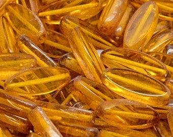 Golden Yellow Czech Glass Spindle Beads, Oval Pointed Petal Beads For Jewelry Making, Translucent table cut , 16X6mm