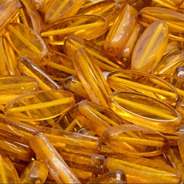 Golden Yellow Czech Glass Spindle Beads, Oval Pointed Petal Beads For Jewelry Making, Translucent table cut , 16X6mm