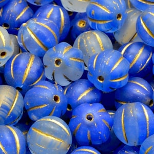 8mm Czech glass melon beads, Gold washed matte watery white and Mediterranean blue fluted melon, mixed colors, for jewelry making - 20pcs