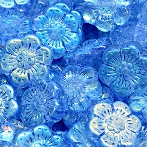 14mm Glass anemone flower beads, wild rose, translucent sky blue, Aurora Borealis, Premium pressed Czech glass, 6/18pcs