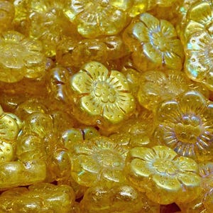 14mm Glass Anemone Flower Beads, wild rose, Premium pressed Czech glass, translucent Yellow Aurora Borealis, 6/18pcs
