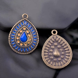 10%OFF, Blue Bronze Filigree Charms, small Oval Enamel pendant, flower mandala, Antique brass, bohemian, rustic, earring charms