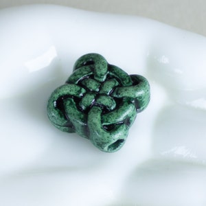 Ceramic Celtic Knot Large Forest Green Beads, Rustic Irish Primitive Symbol pendant bead, Handmade in USA (1pc)