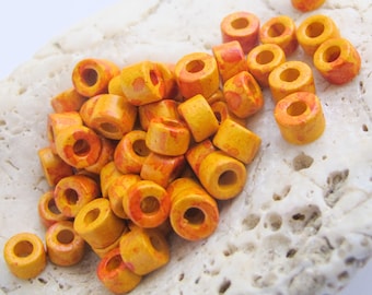 25%OFF Mykonos beads orange red yellow sunshine splash Greek Ceramic Mini Tube Beads 6X4mm leather spacers jewelry making supplies -pick qty