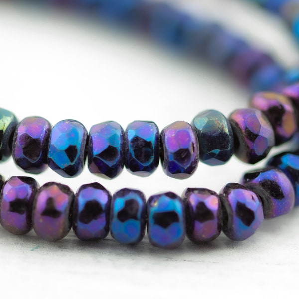 2x3mm Microspacer Beads, Czech Glass Beads, Firepolished faceted Rondelles, tiny gem cut beads, Purple Blue Iris, 50pcs