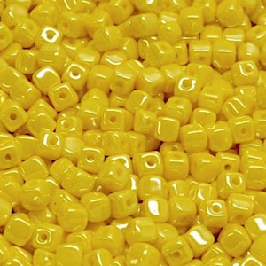 4mm Czech Glass Cube Beads, tiny 4X4mm cubes, Opaque Sun Yellow luster, for Jewelry making, 50-100 pcs