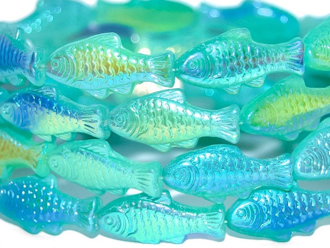 Glass Fish Beads, 1 Inch Czech Glass Beads, Tropical Aqua Rainbow