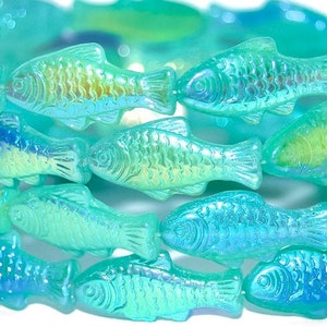 Glass Fish beads, 1 inch Czech glass beads, tropical Aqua rainbow iridescent Mix, glows under UV light, for jewelry making, 25mm, pick qty