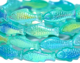 Glass Fish beads, 1 inch Czech glass beads, tropical Aqua rainbow iridescent Mix, glows under UV light, for jewelry making, 25mm, pick qty