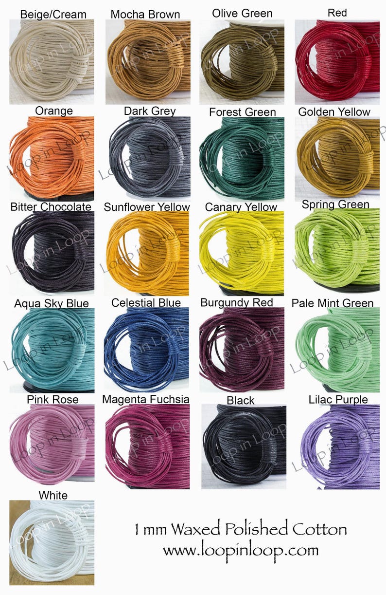 May include: A collection of 1 mm waxed polished cotton cord spools in twenty colors including beige, mocha brown, olive green, red, orange, dark grey, forest green, golden yellow, bitter chocolate, sunflower yellow, canary yellow, spring green, aqua sky blue, celestial blue, burgundy red, pale mint green, pink rose, magenta fuchsia, black, lilac purple, and white.