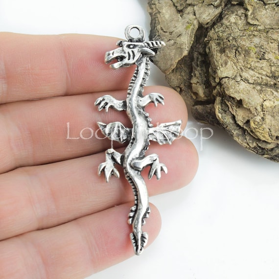 10%OFF, Large Baby Dragon Pendant, Rustic Silver Plated Double