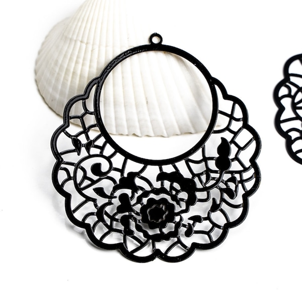10%OFF Large Filigree Charm Round floral lace, for jewelry making, Bohemian Laser Cut Black Connector thin light Earring Metal Pendant